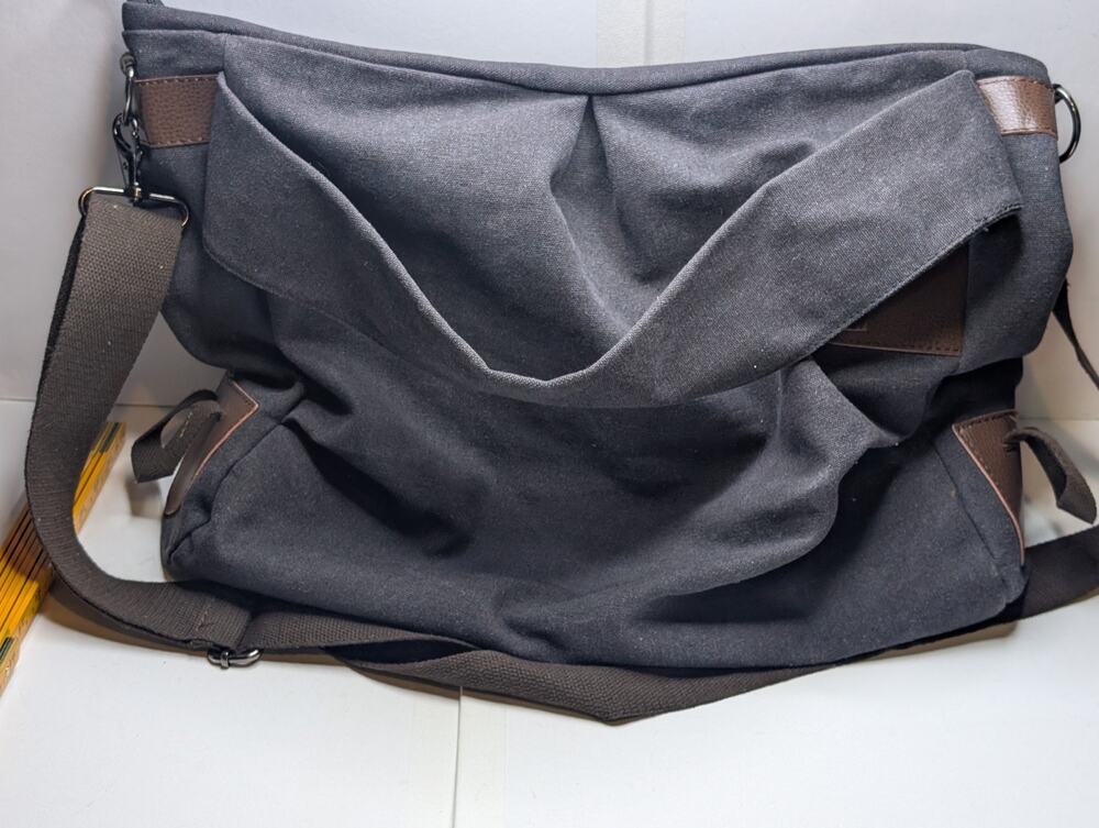 Gray Canvas Hobo Shoulder Bag Slouchy ToteDetachable Strap Brown Trim